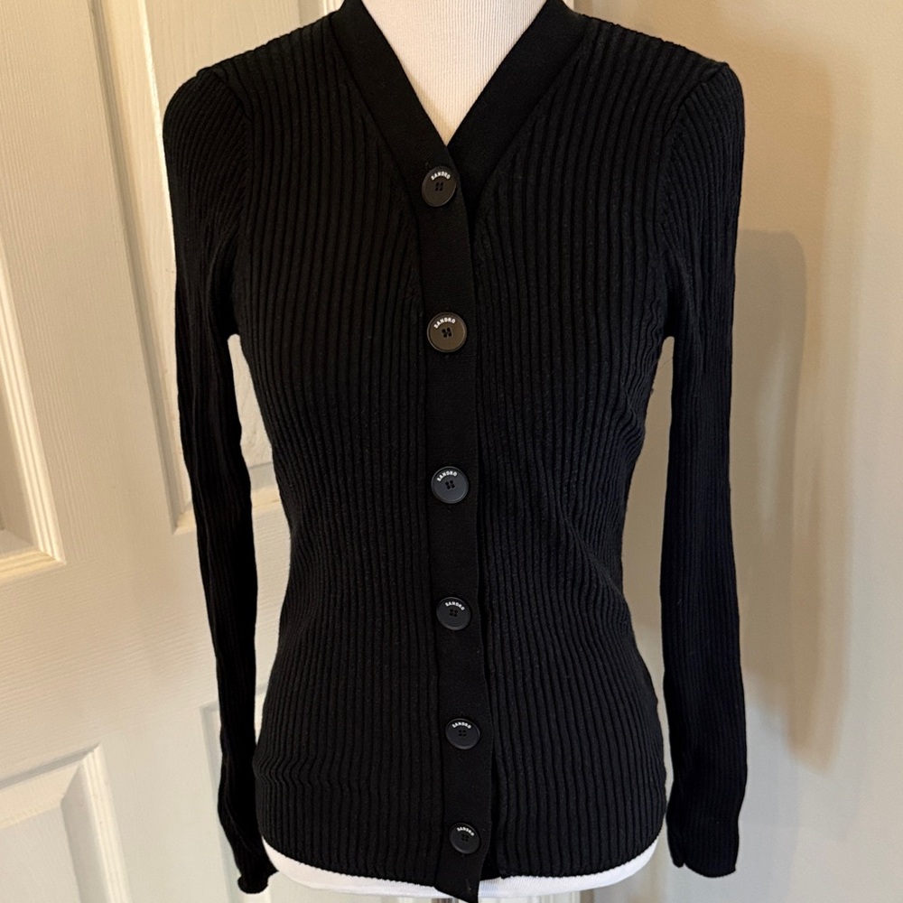 Sandro Black Ribbed Cardigan Sweater, Size S